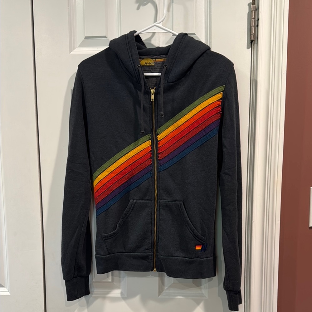 Aviator Nation Navy Hoodie with Rainbow Stripes